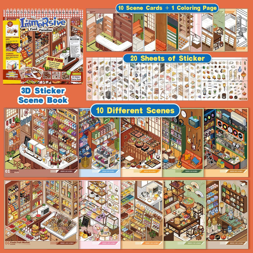 SIMNO 10-Scene Sticker Collection Book — Food Paradise (Built-in Positioning Lines) — Kids' DIY Quiet Book & Stress-Relief Toy