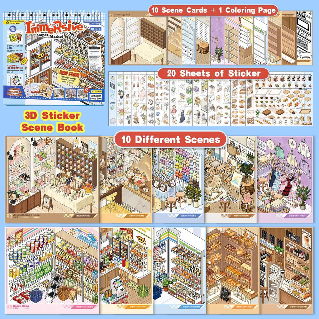 SIMNO 10-Scene Sticker Collection Book — Supermarket (Built-in Positioning Lines) — Kids' DIY Quiet Book & Stress-Relief Toy