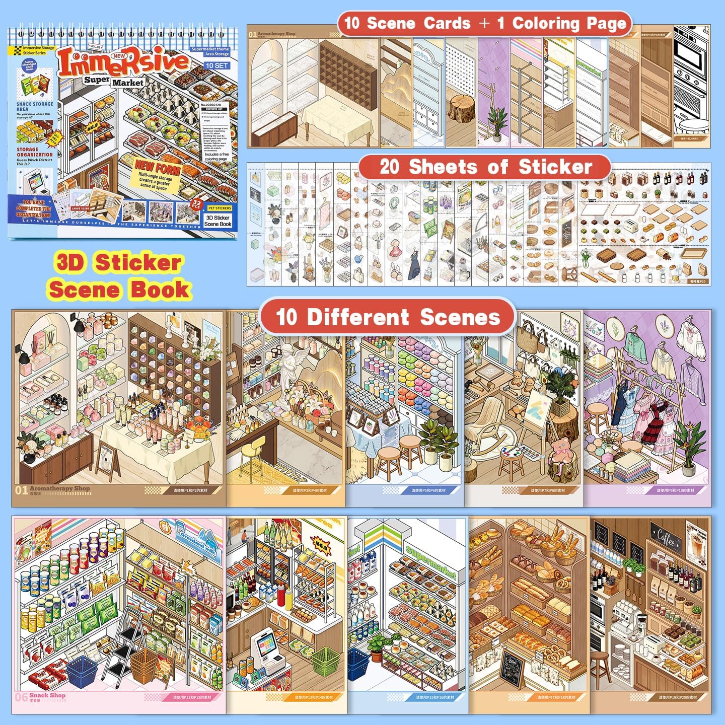 SIMNO 10-Scene Sticker Collection Book — Supermarket (Built-in Positioning Lines) — Kids' DIY Quiet Book & Stress-Relief Toy
