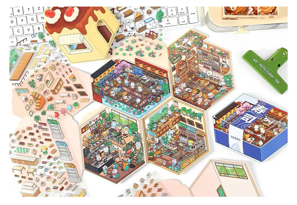 Today’s Open for Business – Vol. 5, 3D Scenery Little House Stickers – Girl’s Miniature Storage Scene DIY Journal/Scrapbook Sticker Toy