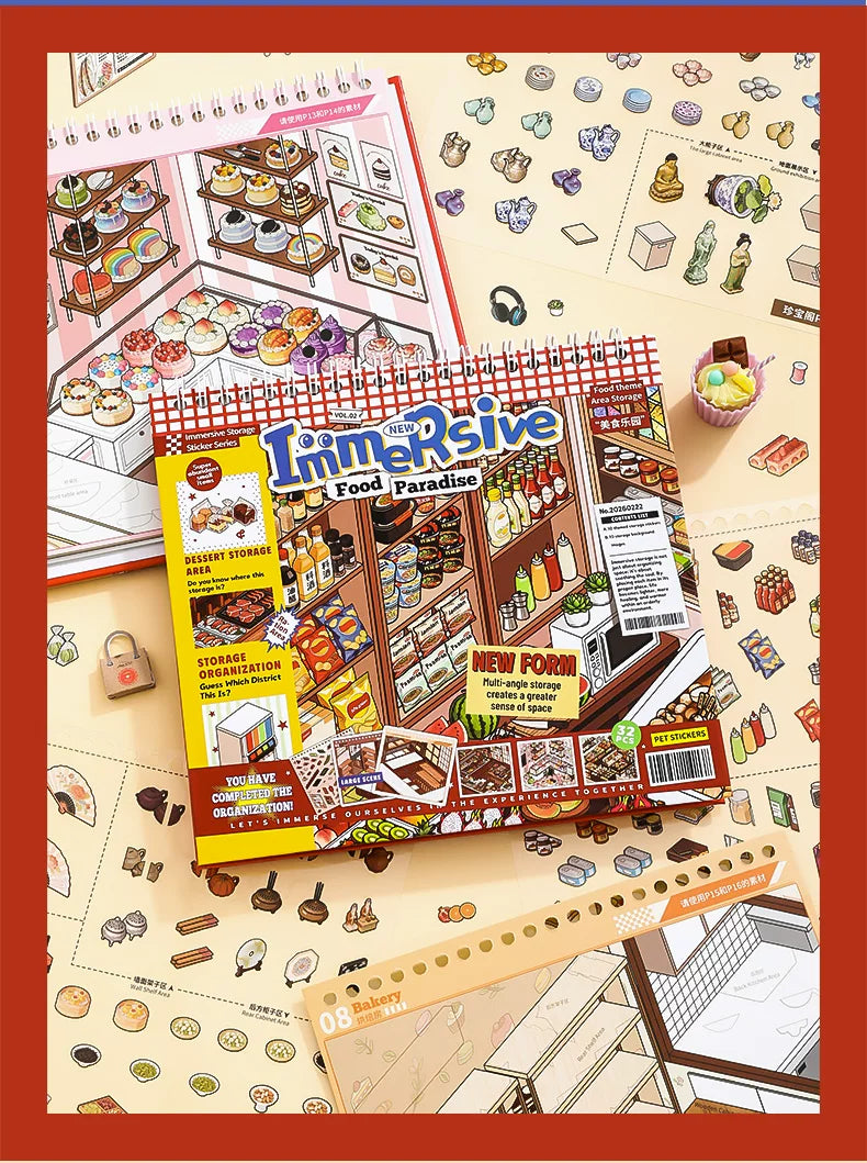 SIMNO 10-Scene Sticker Collection Book — Food Paradise (Built-in Positioning Lines) — Kids' DIY Quiet Book & Stress-Relief Toy