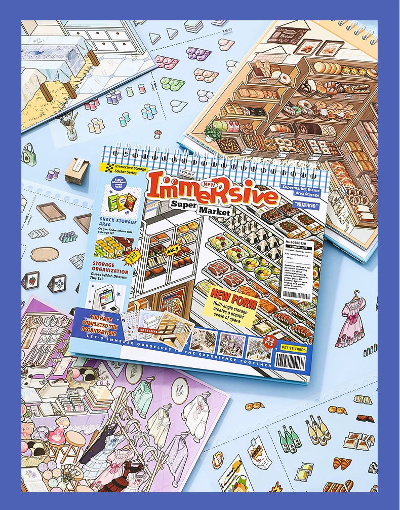 SIMNO 10-Scene Sticker Collection Book — Supermarket (Built-in Positioning Lines) — Kids' DIY Quiet Book & Stress-Relief Toy