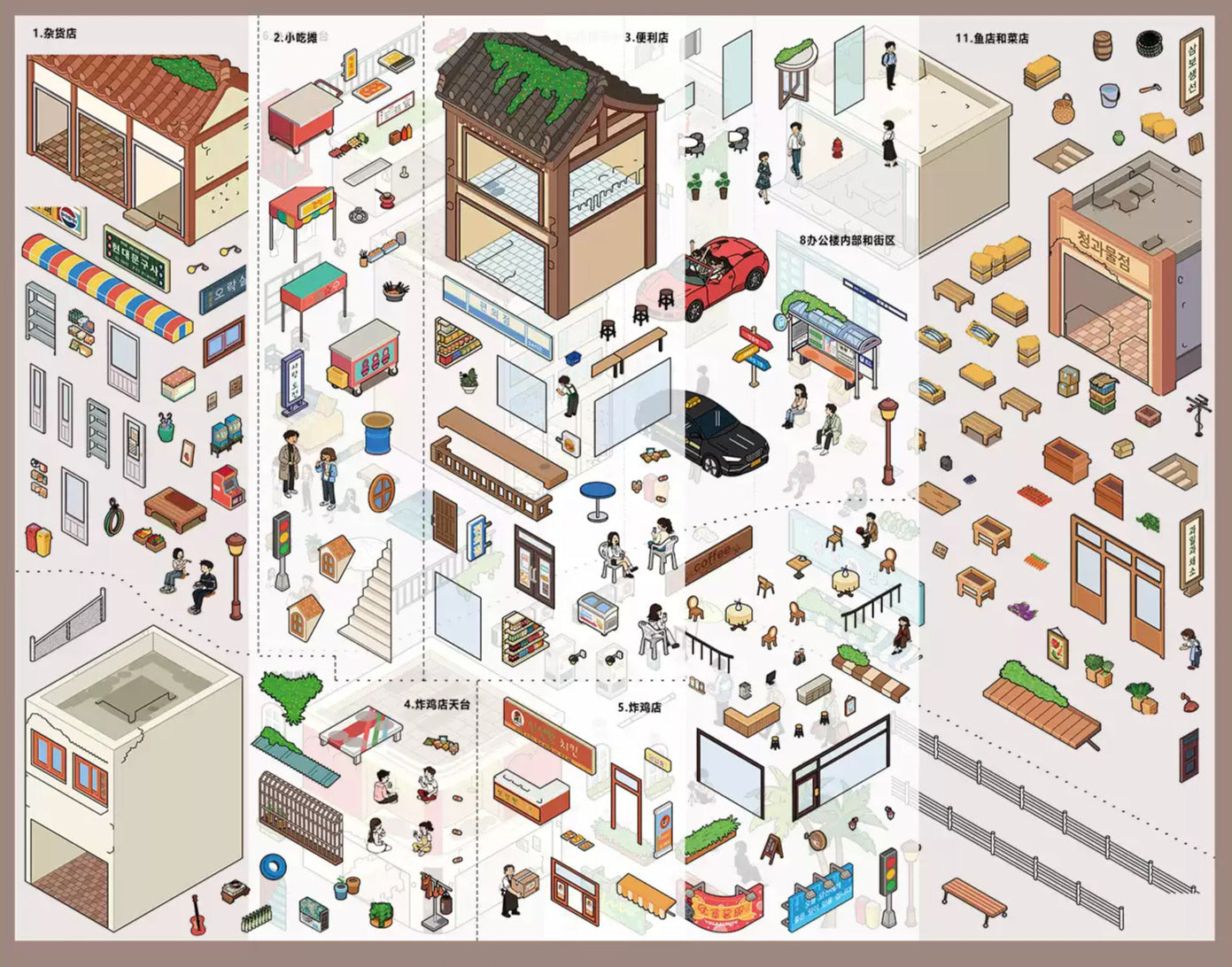 City Street Kdrama Scene Stickers, 300×213mm, Large Scene Sheet, Extra Glossy Laminated Film